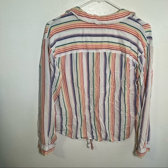 SO Button Down Tie Front Top White Rainbow Stripes - Picture 7 of 11